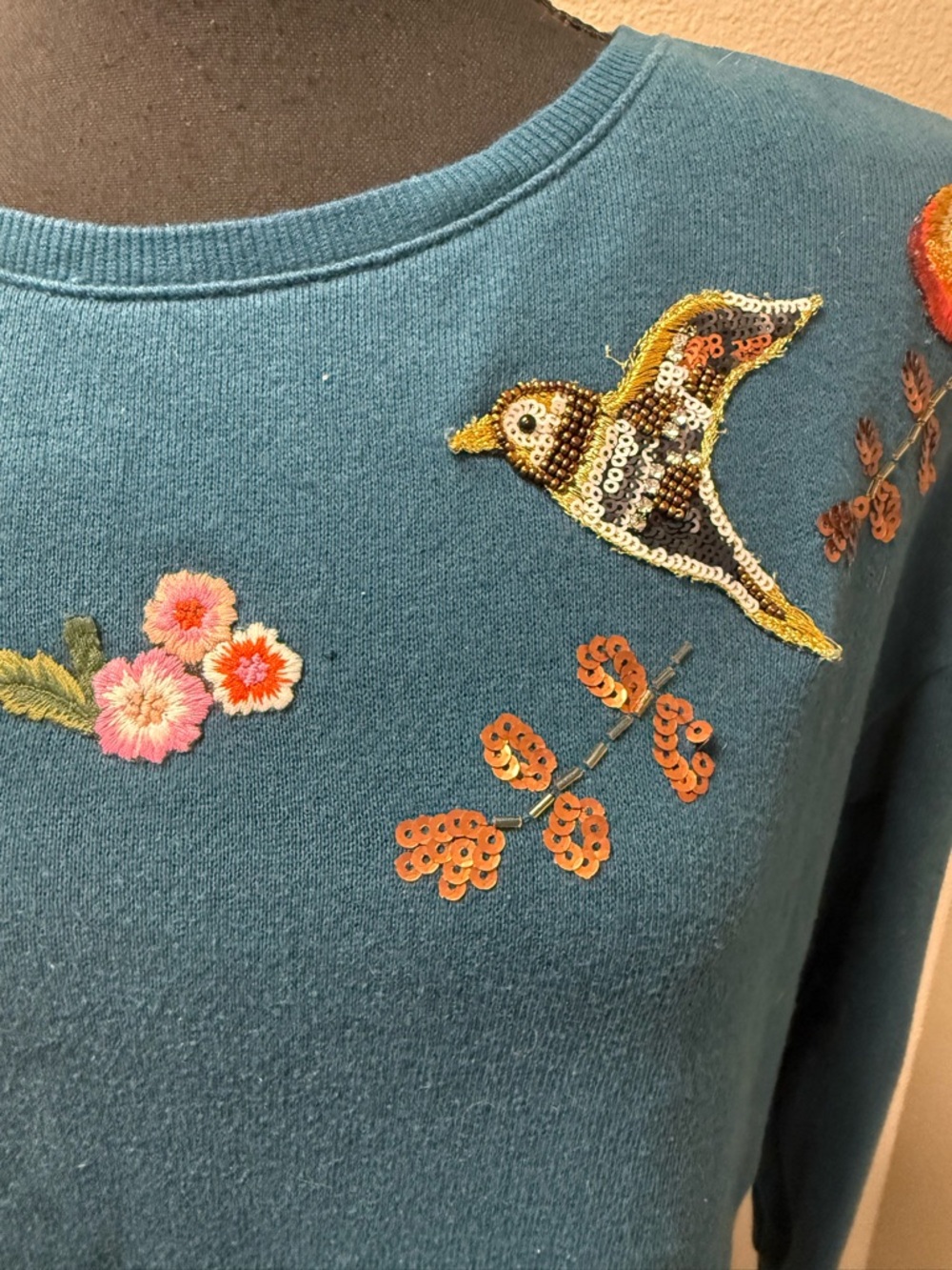 Disney LC Lauren Conrad Bird Embroidered Sweatshirt Teal Medium Cute Cozy - Picture 3 of 10